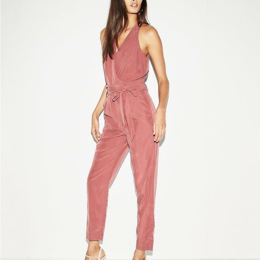 Express Berry Belted Surplice Silky Jumpsuit